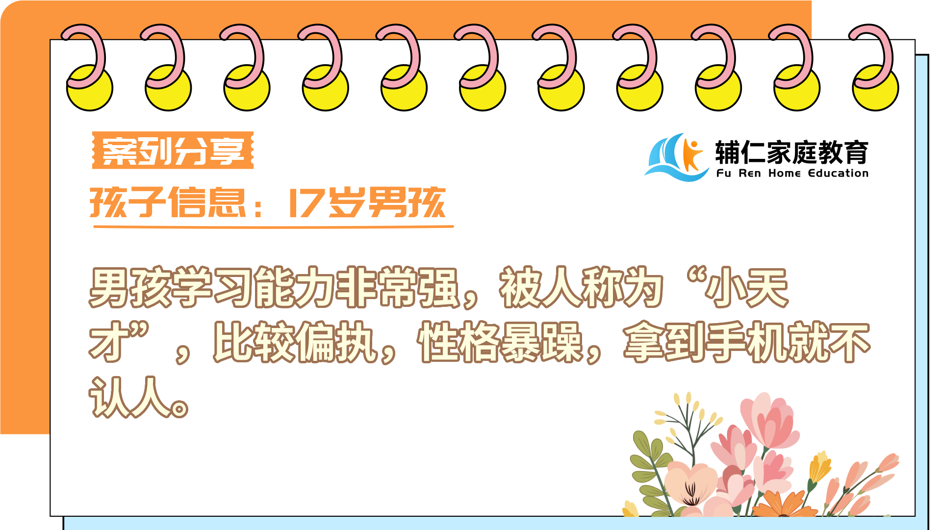 17岁男孩，孩子学习能力非常强，被人称为小天才，性格比较偏执，性格暴躁，拿到手机就不认人