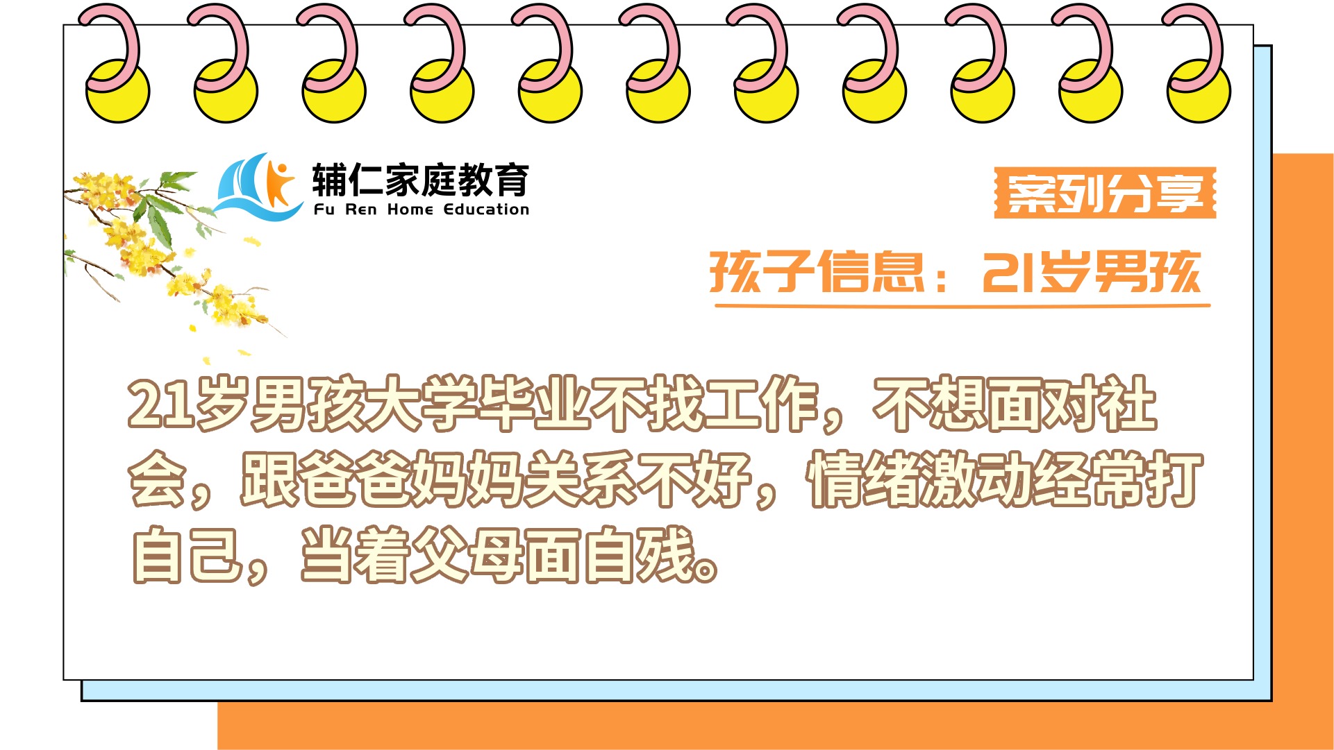 21岁男孩大学毕业不找工作，不想面对社会，跟爸爸妈妈关系不好，情绪激动经常打自己，当着父母面自残
