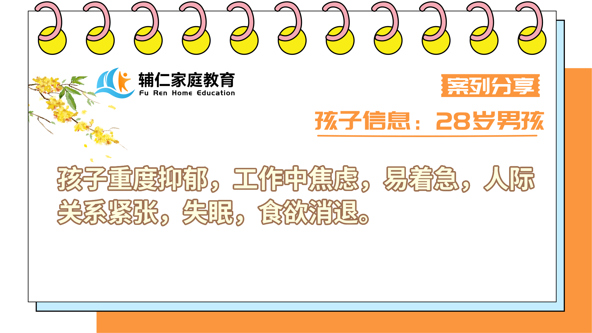 孩子重度抑郁，工作中焦虑，易着急，人际关系紧张，失眠，食欲消退